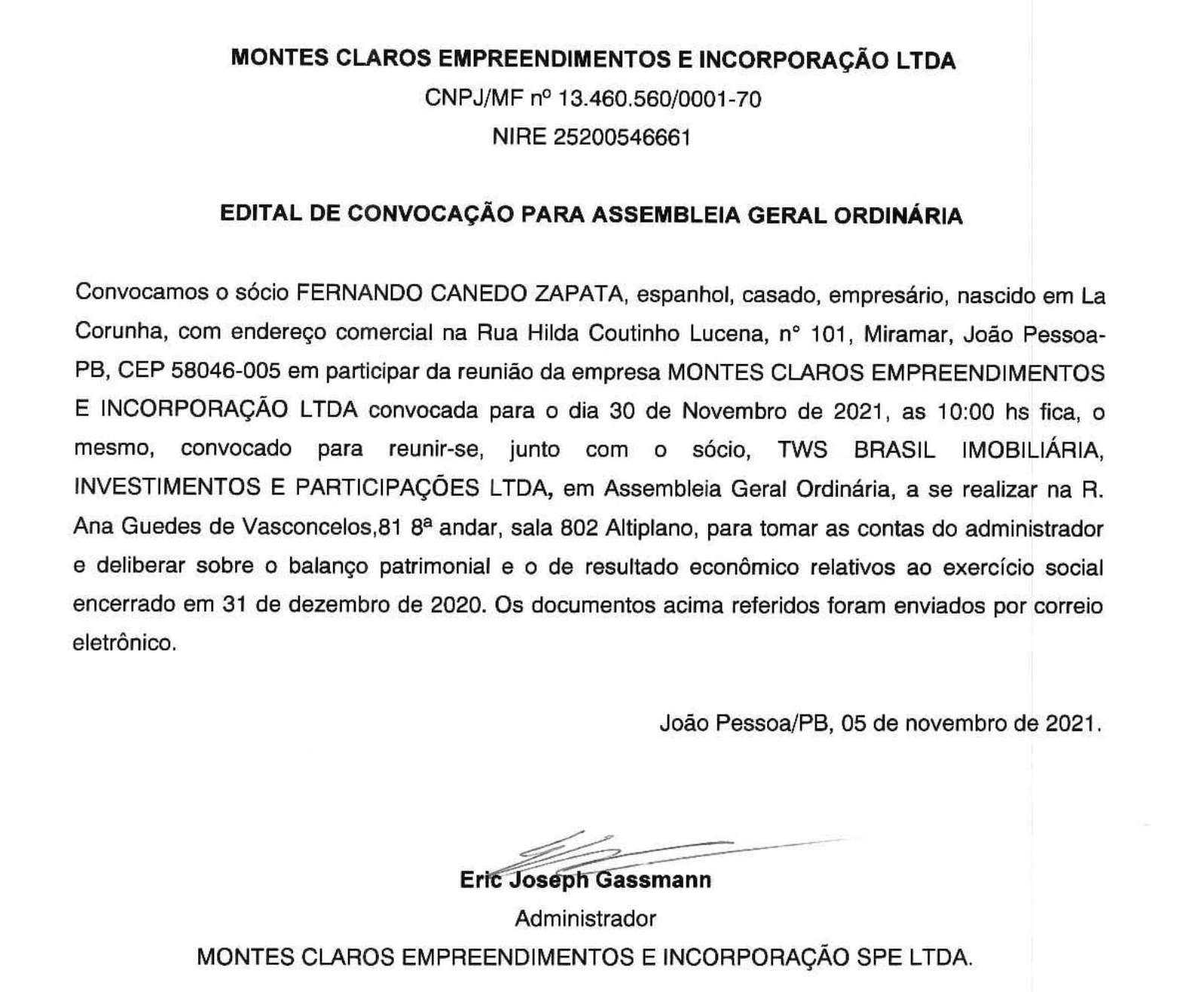 Montes Claros Empreendimentos e Incorporações Ltda – Edital de Convocação de Assembleia Geral