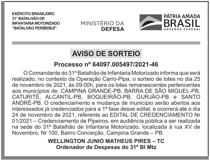 CMDO – 31º B INF MTZ – PB Campina Grande – AVISO DE SORTEIO – PROCESSO Nr: 64097.005497/2021-46