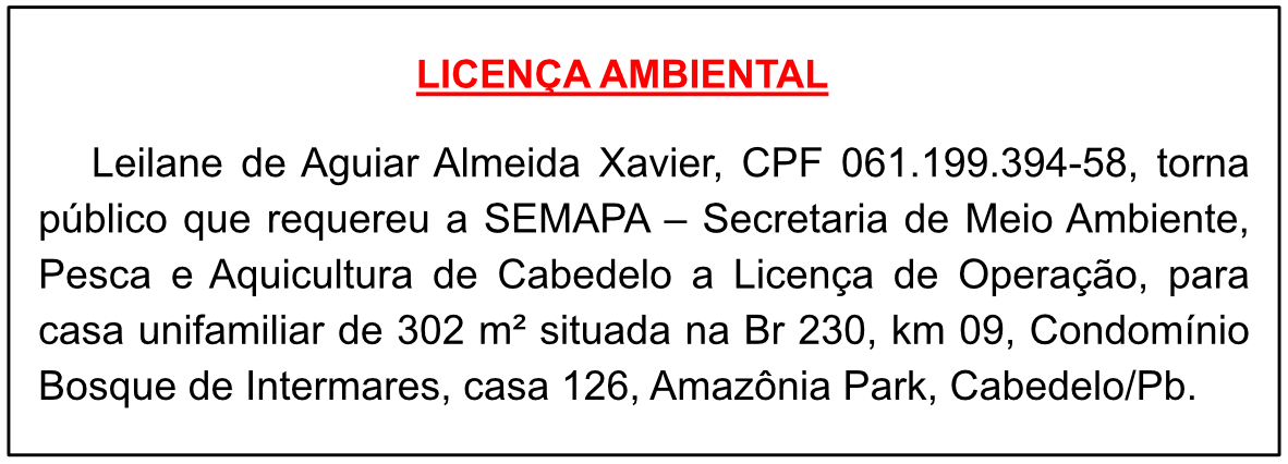 Leilane de Aguiar Almeida Xavier – Licença Ambiental