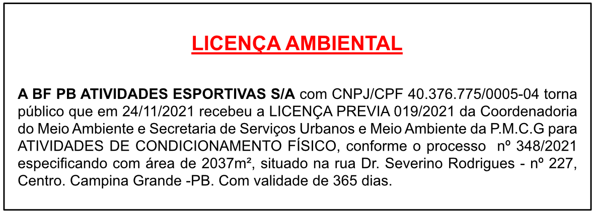 BF PB ATIVIDADES ESPORTIVAS S/A – LICENÇA AMBIENTAL