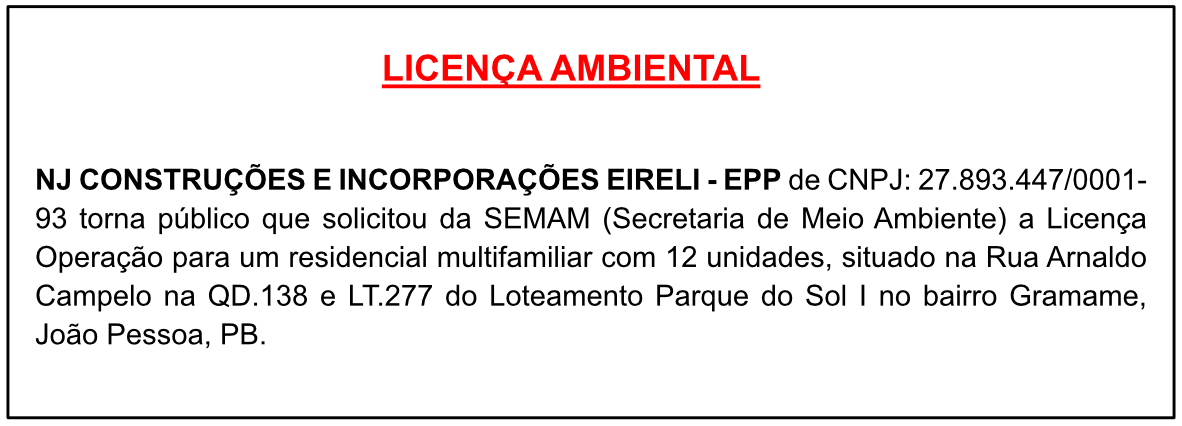 NJ CONSTRUÇÕES E INCORPORAÇÕES – LICENÇA AMBIENTAL