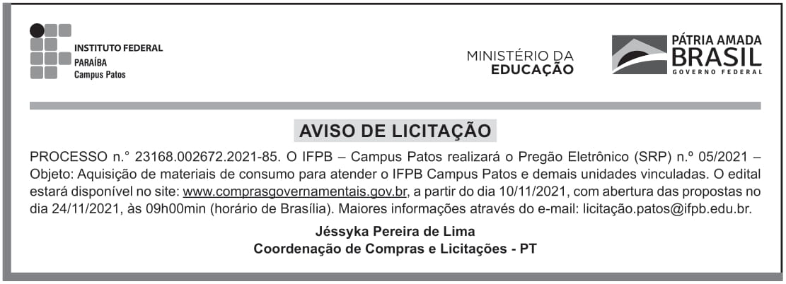 IFPB – PB – PRINCESA ISABEL – CAMPUS -AVISO DE LICITAÇÃO (Pregão Eletrônico (SRP) N.º 05/2021)
