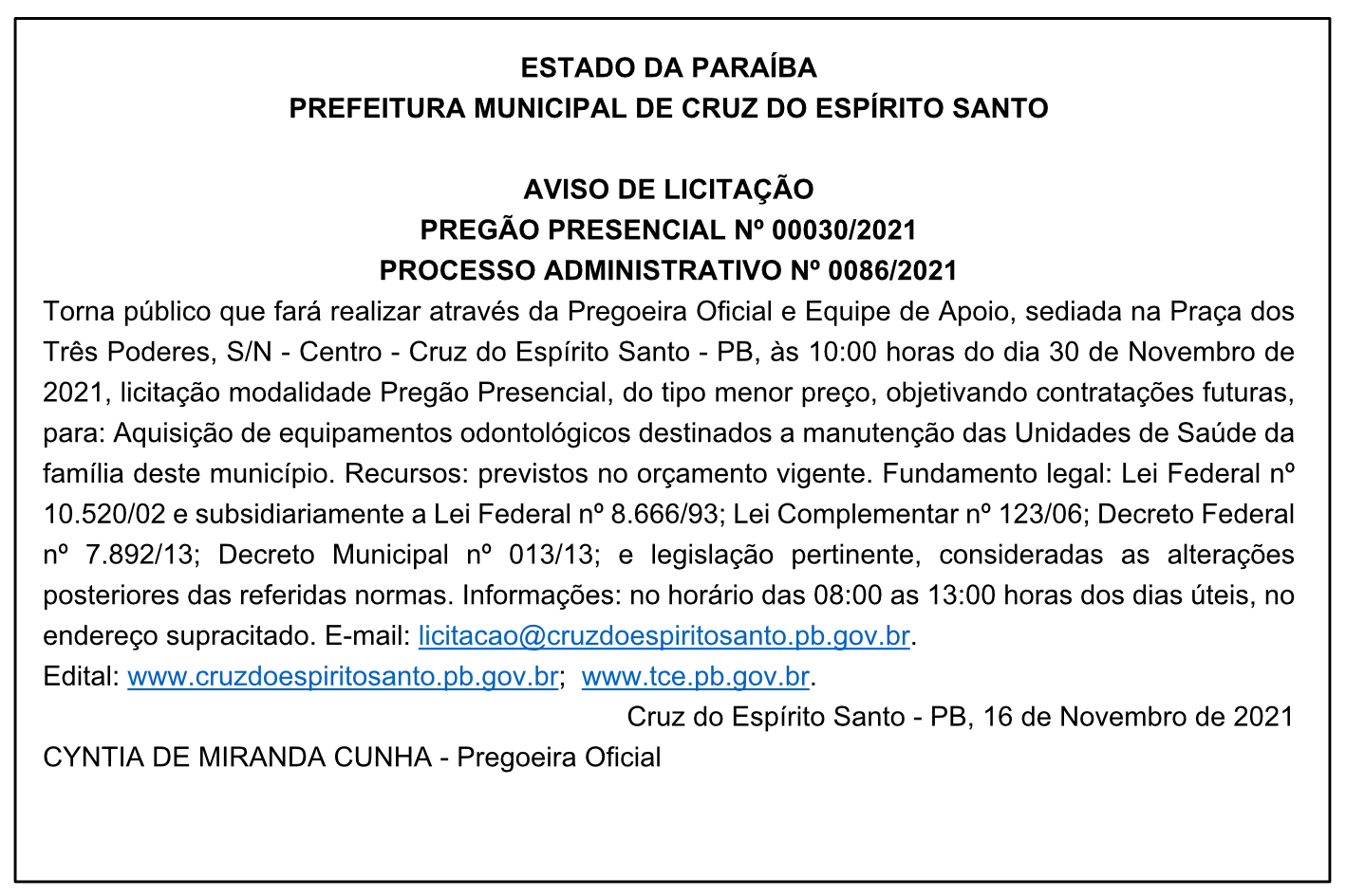 PREFEITURA MUNICIPAL DE CRUZ DO ESPÍRITO SANTO – AVISO DE LICITAÇÃO – PREGÃO PRESENCIAL Nº 00030/2021