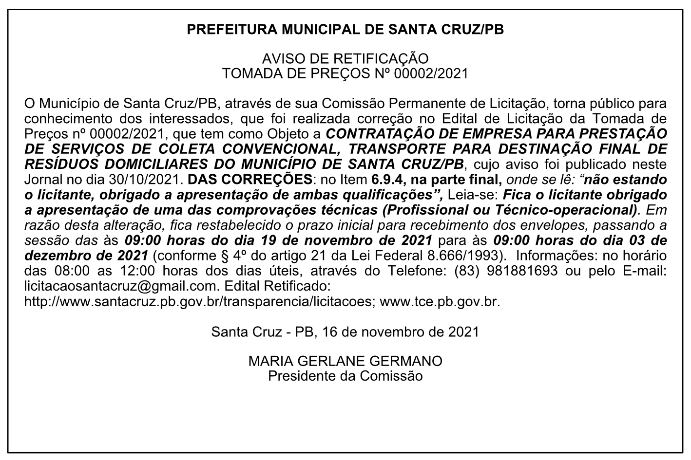 PREFEITURA MUNICIPAL DE SANTA CRUZ – AVISO DE RETIFICAÇÃO – TOMADA DE PREÇOS Nº 00002/2021
