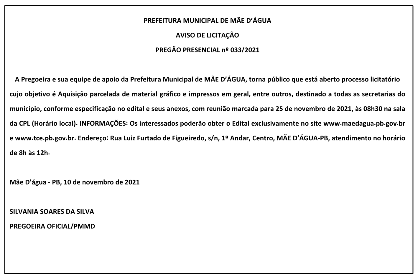 PREFEITURA MUNICIPAL DE MÃE D’ÁGUA – AVISO DE LICITAÇÃO – PREGÃO PRESENCIAL Nº 033/2021