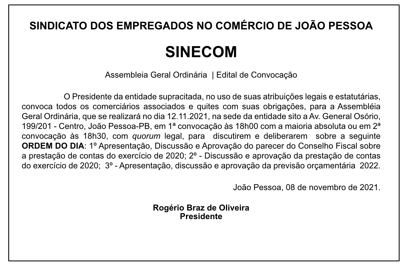 SINECOM – Assembléia Geral Ordinária – Edital de Convocação