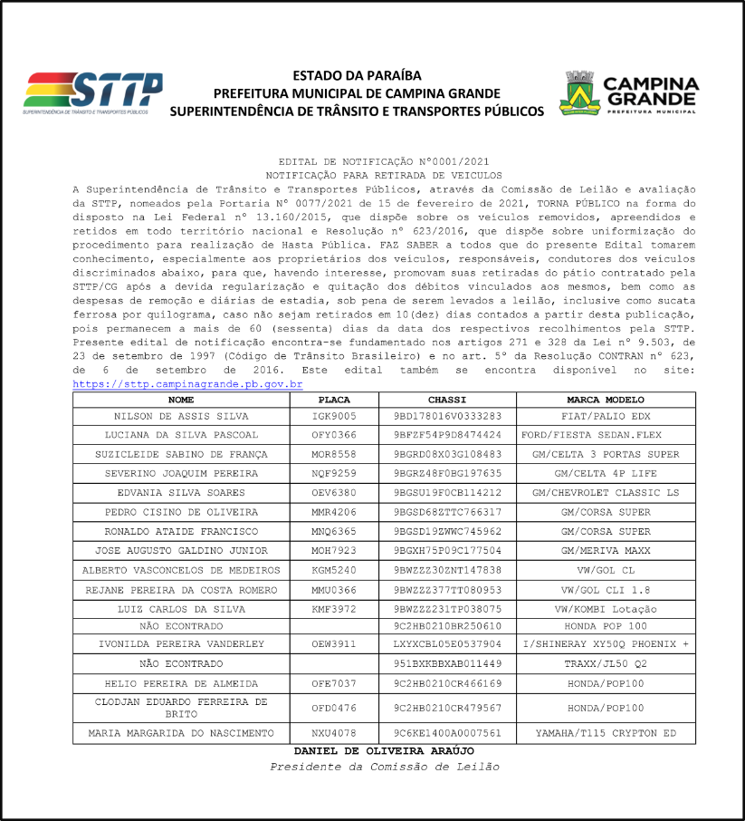 STTP – EDITAL DE NOTIFICAÇÃO Nº0001/2021 NOTIFICAÇÃO PARA RETIRADA DE VEICULOS