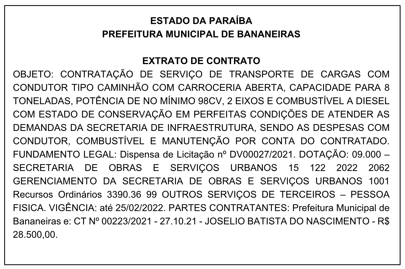 PREFEITURA MUNICIPAL DE BANANEIRAS – EXTRATO DE CONTRATO