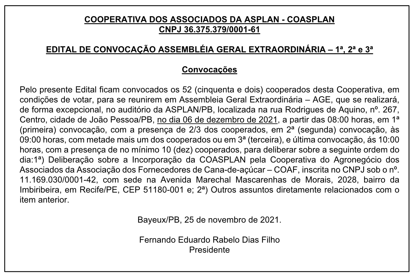 COASPLAN – EDITAL DE CONVOCAÇÃO ASSEMBLÉIA GERAL EXTRAORDINÁRIA
