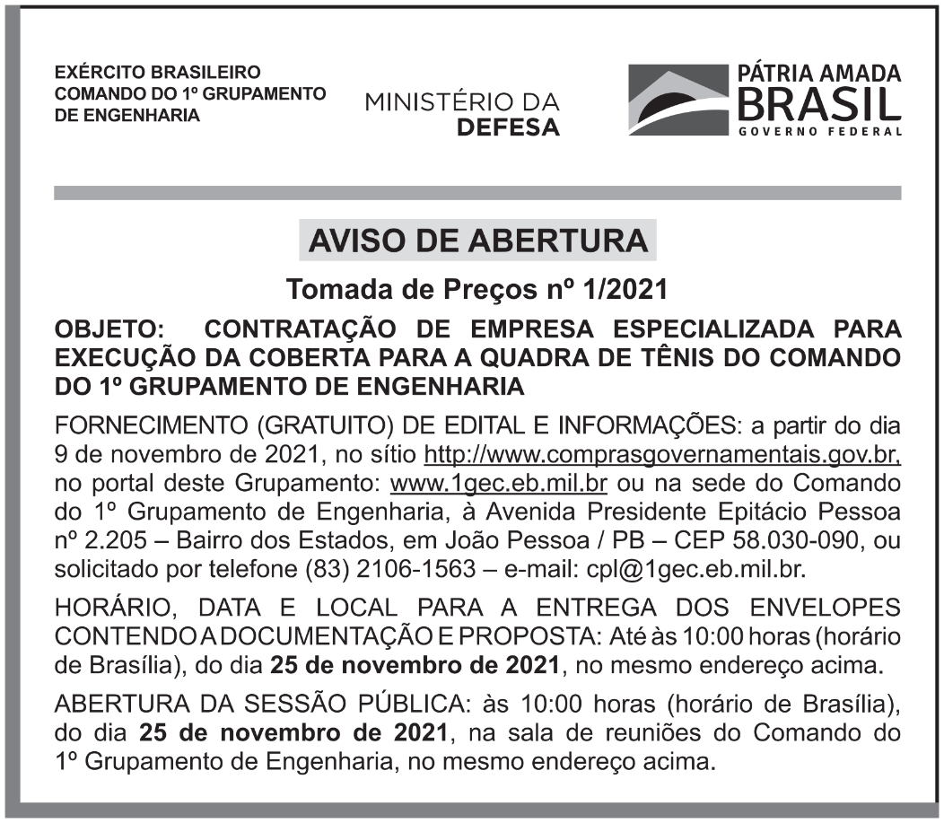 COMANDO DO 1º GRUPAMENTO DE ENGENHARIA – AVISO DE ABERTURA – TOMADA DE PREÇOS Nº 1/2021