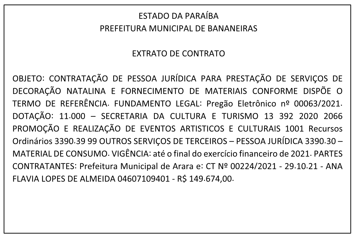 PREFEITURA MUNICIPAL DE BANANEIRAS – EXTRATO DE CONTRATO