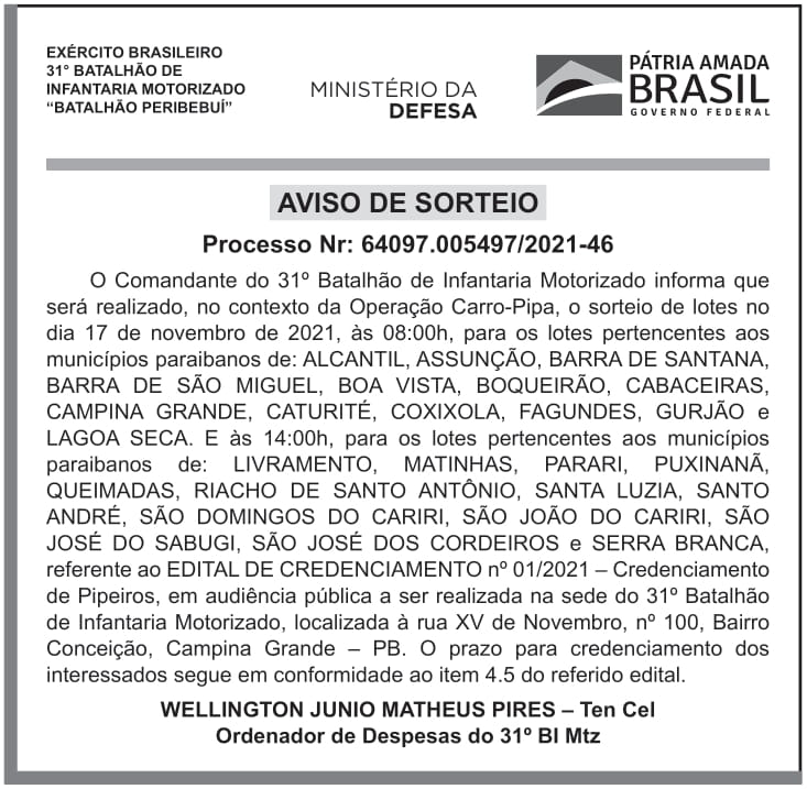 CMDO – 31o B INF MTZ – PB Campina Grande – AVISO DE SORTEIO (PROCESSO Nr: 64097.005497/2021-46)