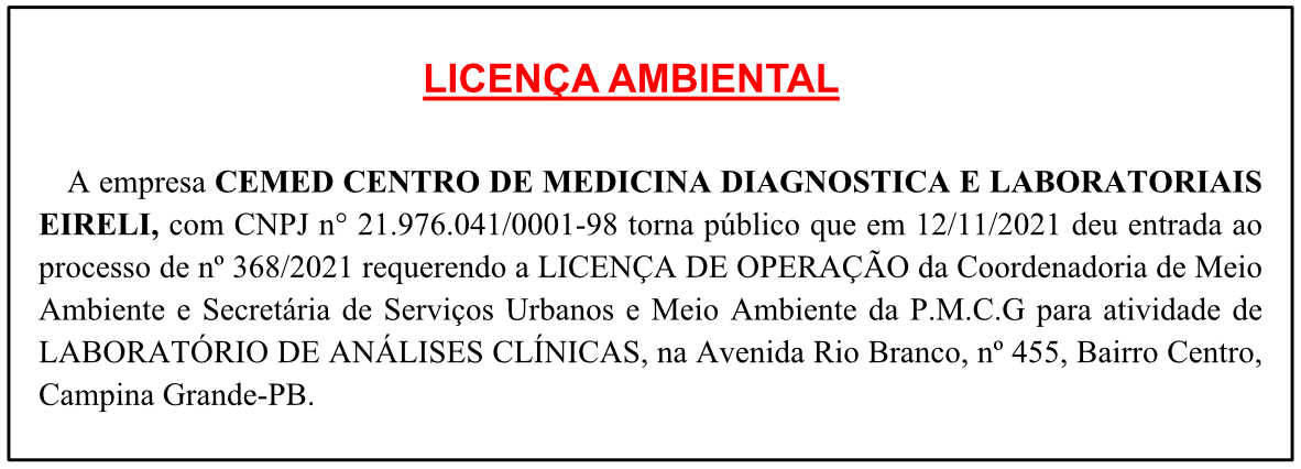CEMED CENTRO DE MEDICINA DIAGNOSTICA E LABORATORIAIS EIRELI – LICENÇA AMBIENTAL