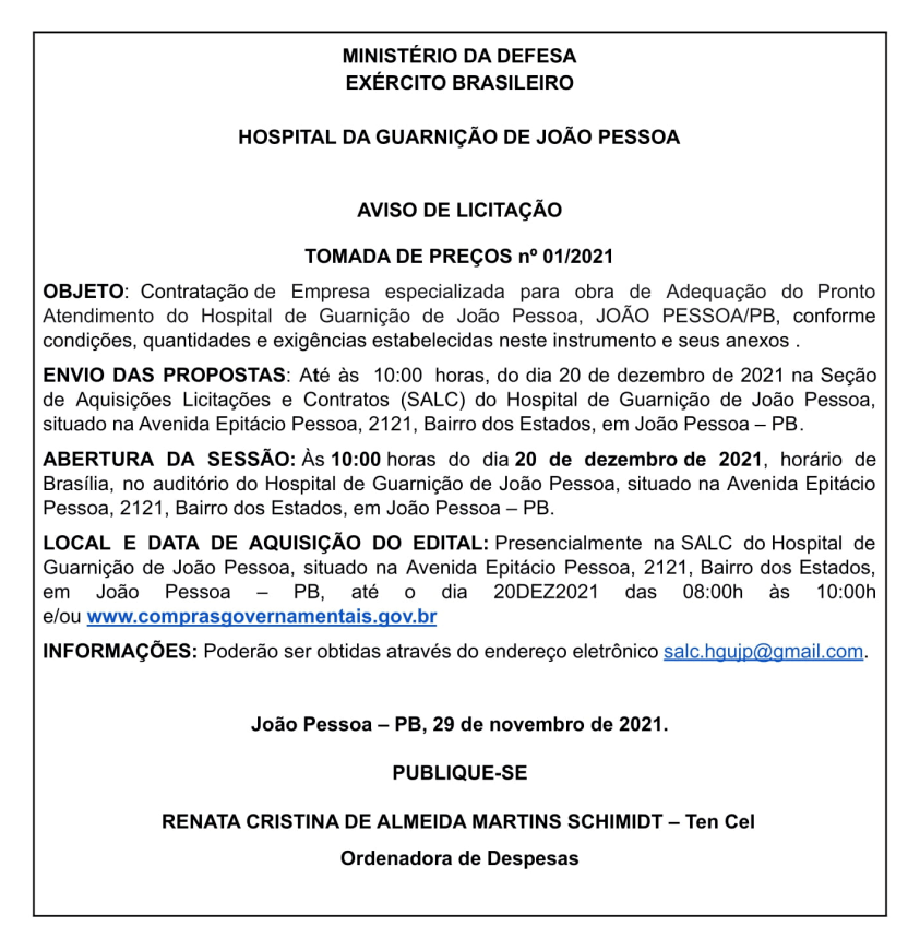 HOSPITAL DA GUARNIÇÃO DE JOÃO PESSOA – AVISO DE LICITAÇÃO – TOMADA DE PREÇOS nº 01/2021