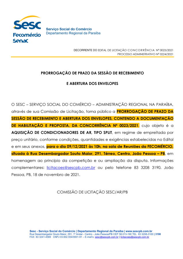 SESC – PRORROGAÇÃO DE PRAZO DA SESSÃO DE RECEBIMENTO  E ABERTURA DOS ENVELOPES