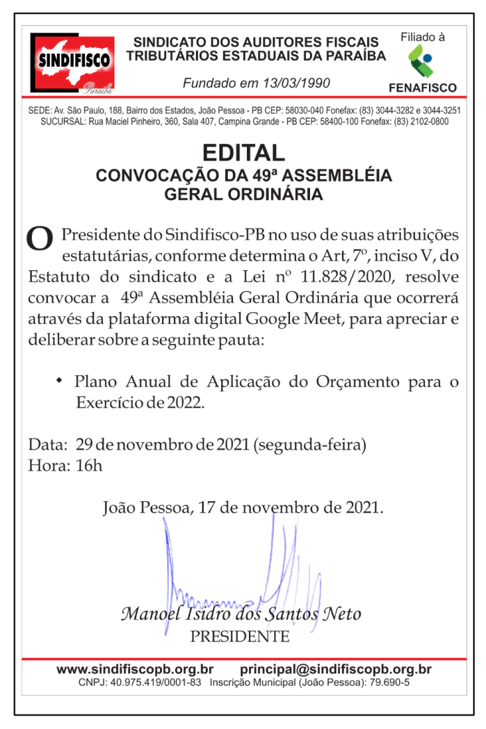 SINDIFISCO – CONVOCAÇÃO DA 49ª ASSEMBLÉIA GERAL ORDINÁRIA