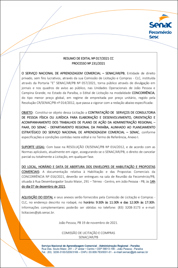 SENAC – RESUMO DE EDITAL Nº 017/2021 CC – PROCESSO Nº 231/2021