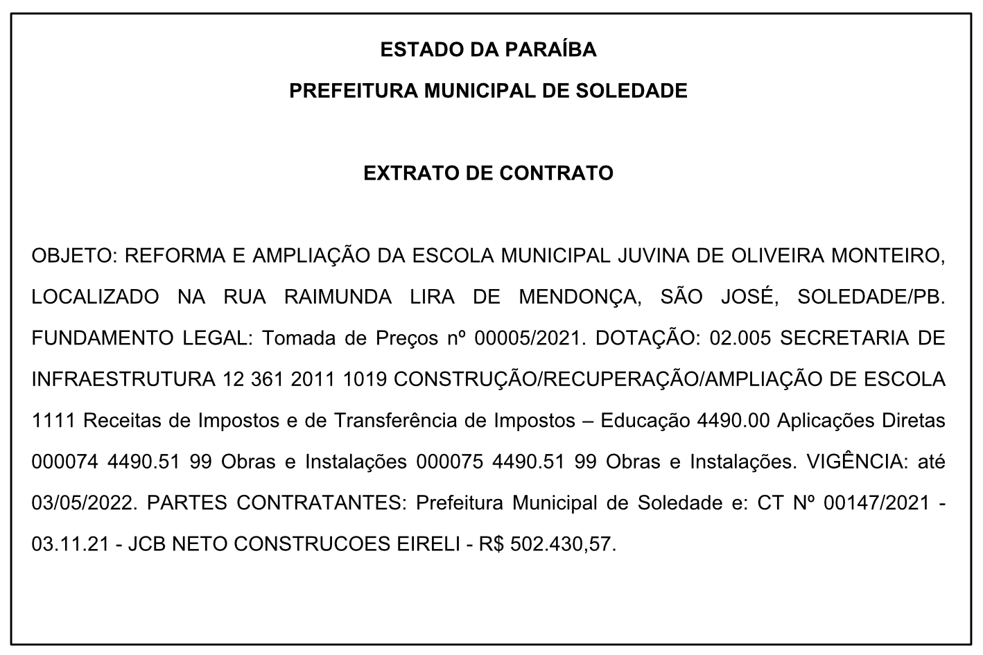 PREFEITURA MUNICIPAL DE SOLEDADE – EXTRATO DE CONTRATO