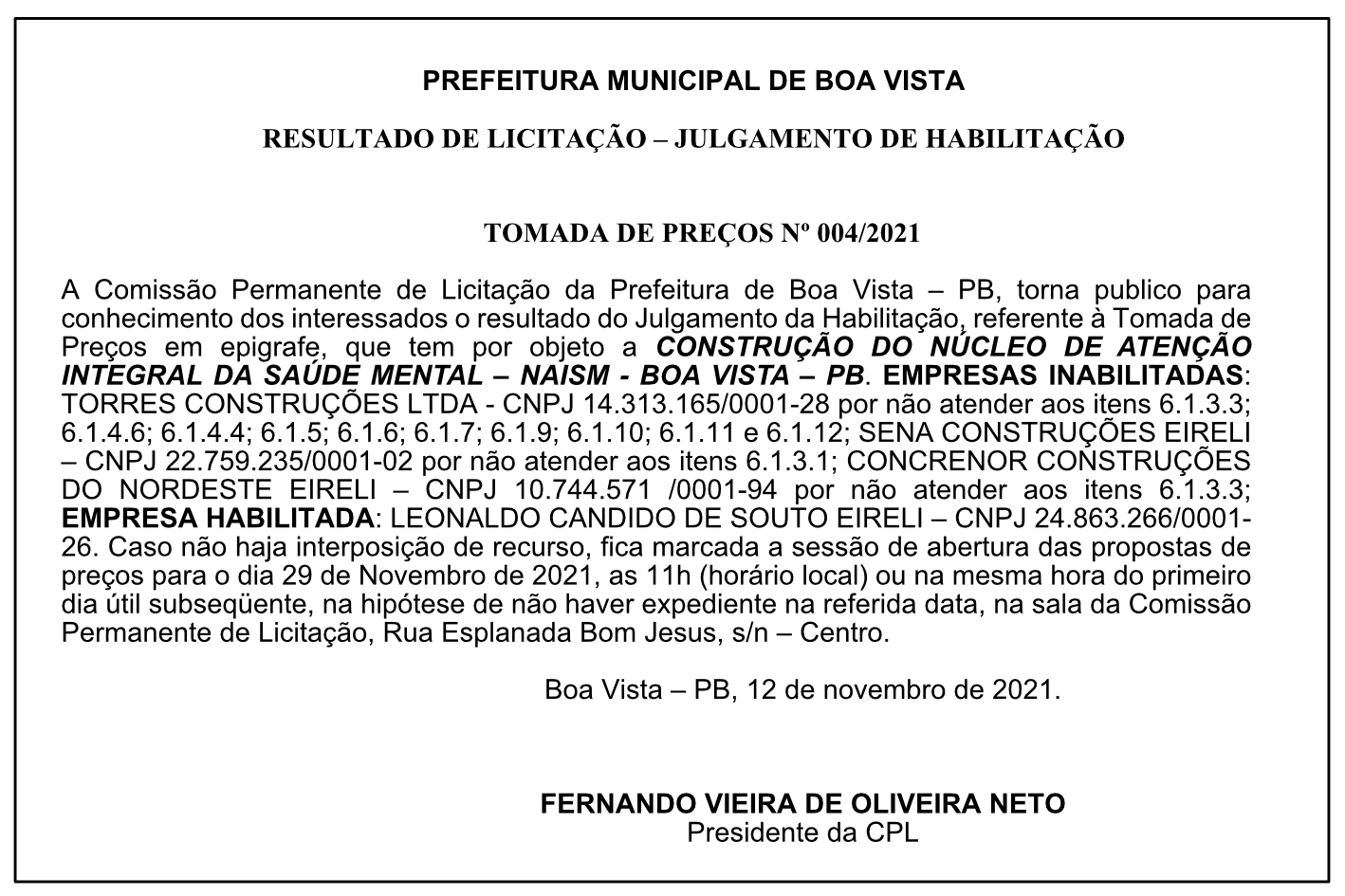 PREFEITURA MUNICIPAL DE BOA VISTA – RESULTADO DE LICITAÇÃO – JULGAMENTO DE  HABILITAÇÃO – TOMADA DE PREÇOS Nº 004/2021