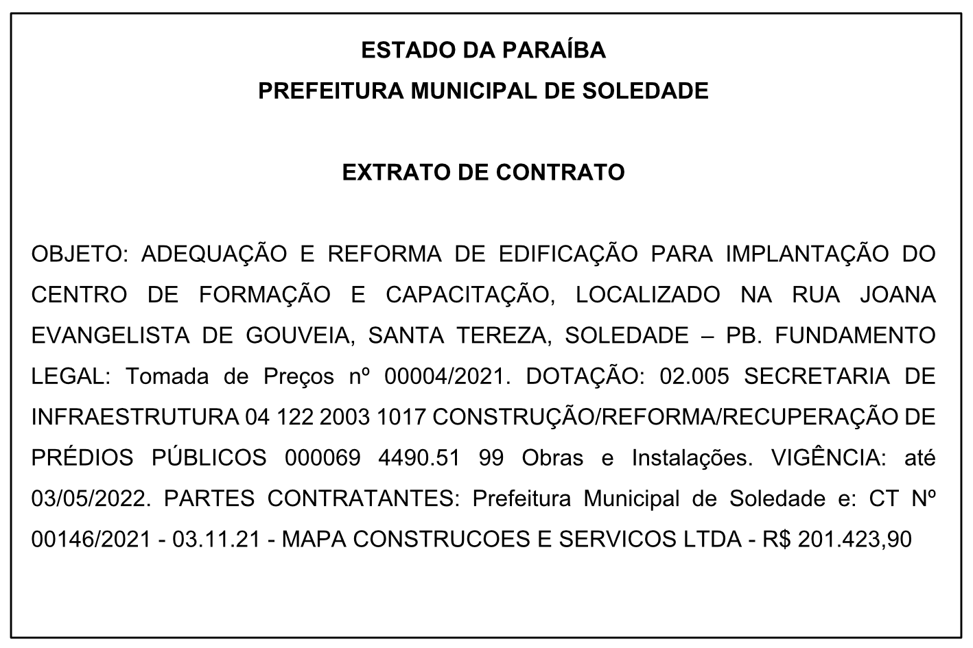 PREFEITURA MUNICIPAL DE SOLEDADE – EXTRATO DE CONTRATO