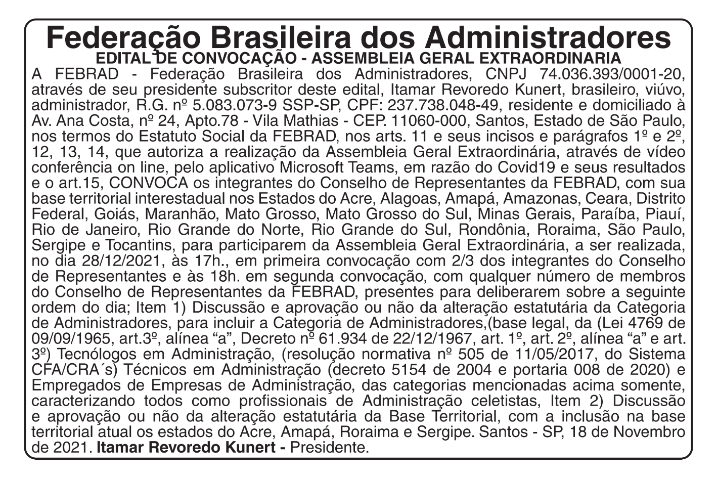 Federação Brasileira dos Administradores – Edital de Convocação – Assembleia Geral Ordinária