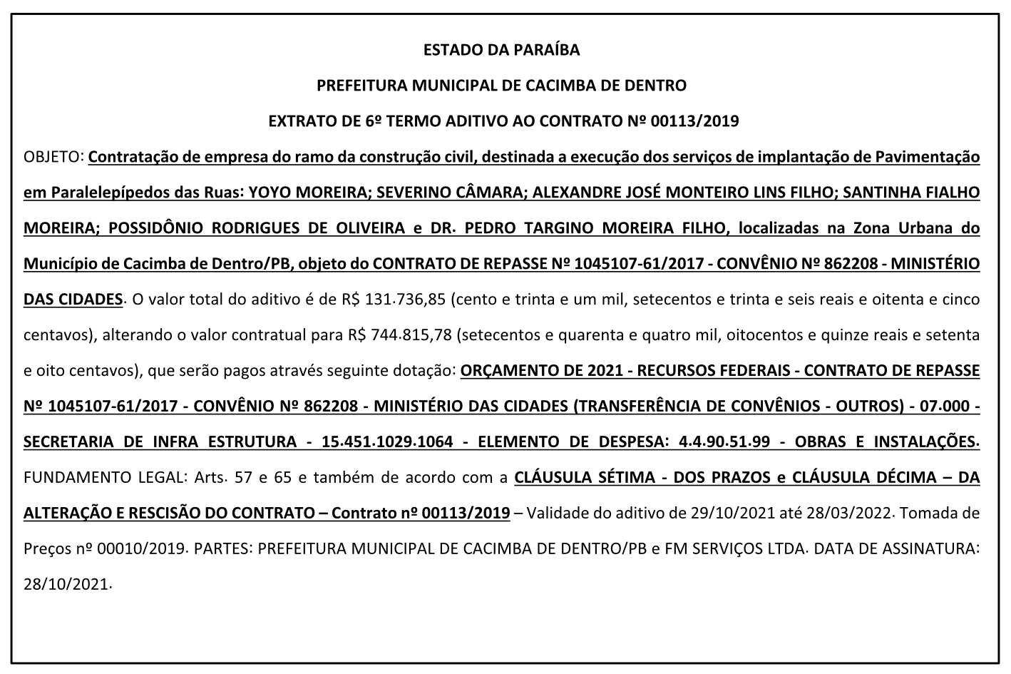 PREFEITURA MUNICIPAL DE CACIMBA DE DENTRO – EXTRATO DE 6º TERMO ADITIVO AO CONTRATO Nº 00113/2019