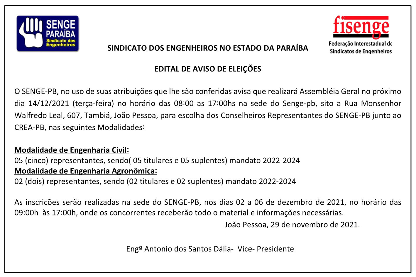 SENGE/PB – EDITAL DE AVISO DE ELEIÇÕES