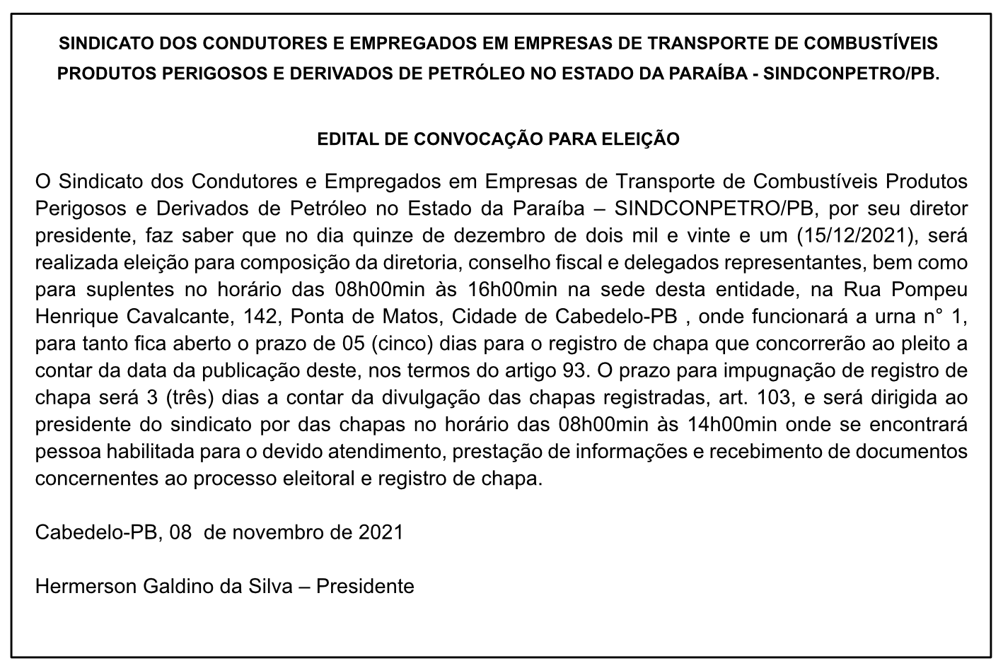 SINDCONPETRO/PB – EDITAL DE CONVOCAÇÃO PARA ELEIÇÃO