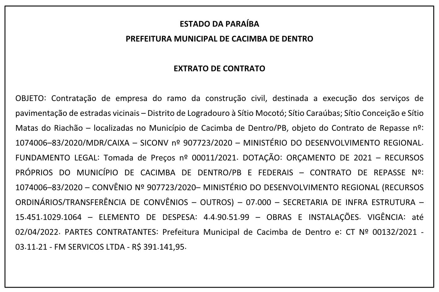 PREFEITURA MUNICIPAL DE CACIMBA DE DENTRO – EXTRATO DE CONTRATO