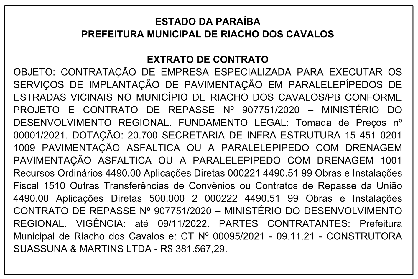 PREFEITURA MUNICIPAL DE RIACHO DOS CAVALOS – EXTRATO DE CONTRATO