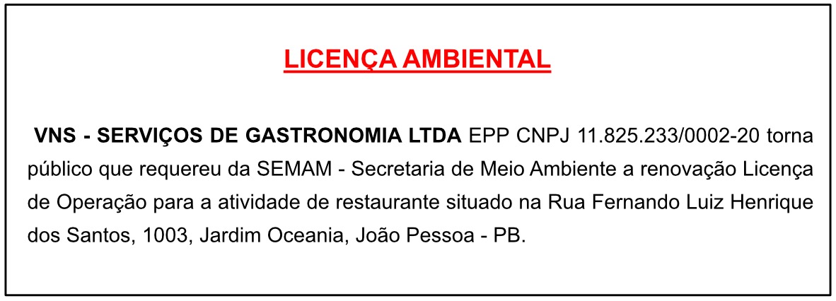 VNS – SERVIÇOS DE GASTRONOMIA LTDA – LICENÇA AMBIENTAL