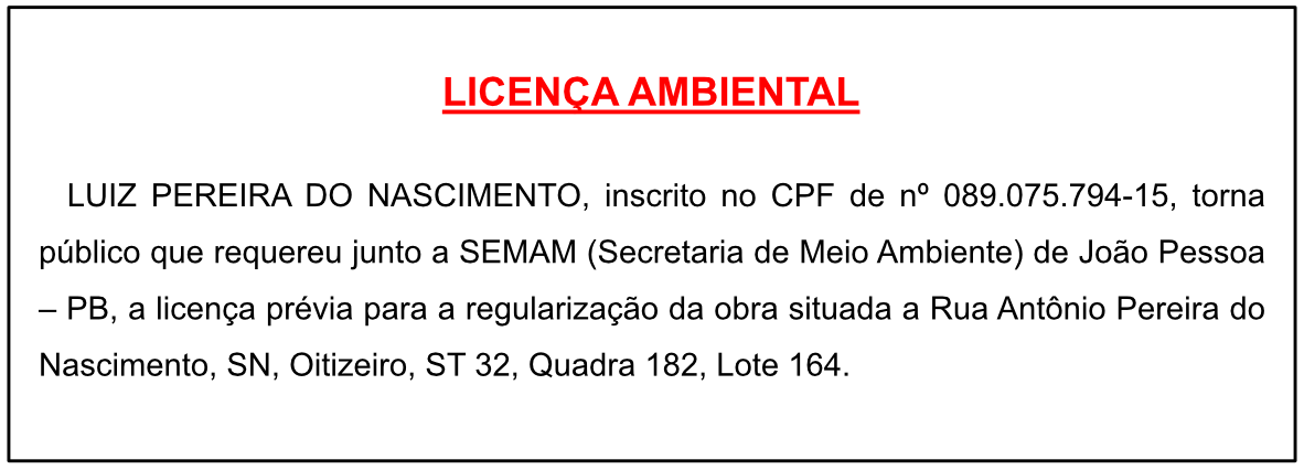 Luiz Pereira do Nascimento – Licença Ambiental