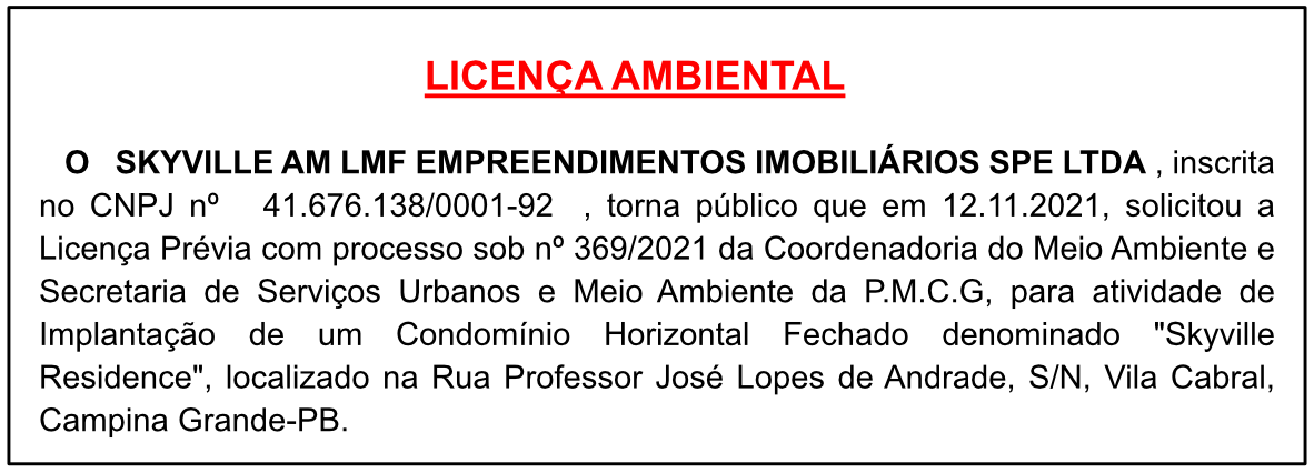 SKYVILLE AM LMF EMPREENDIMENTOS – LICENÇA PRÉVIA