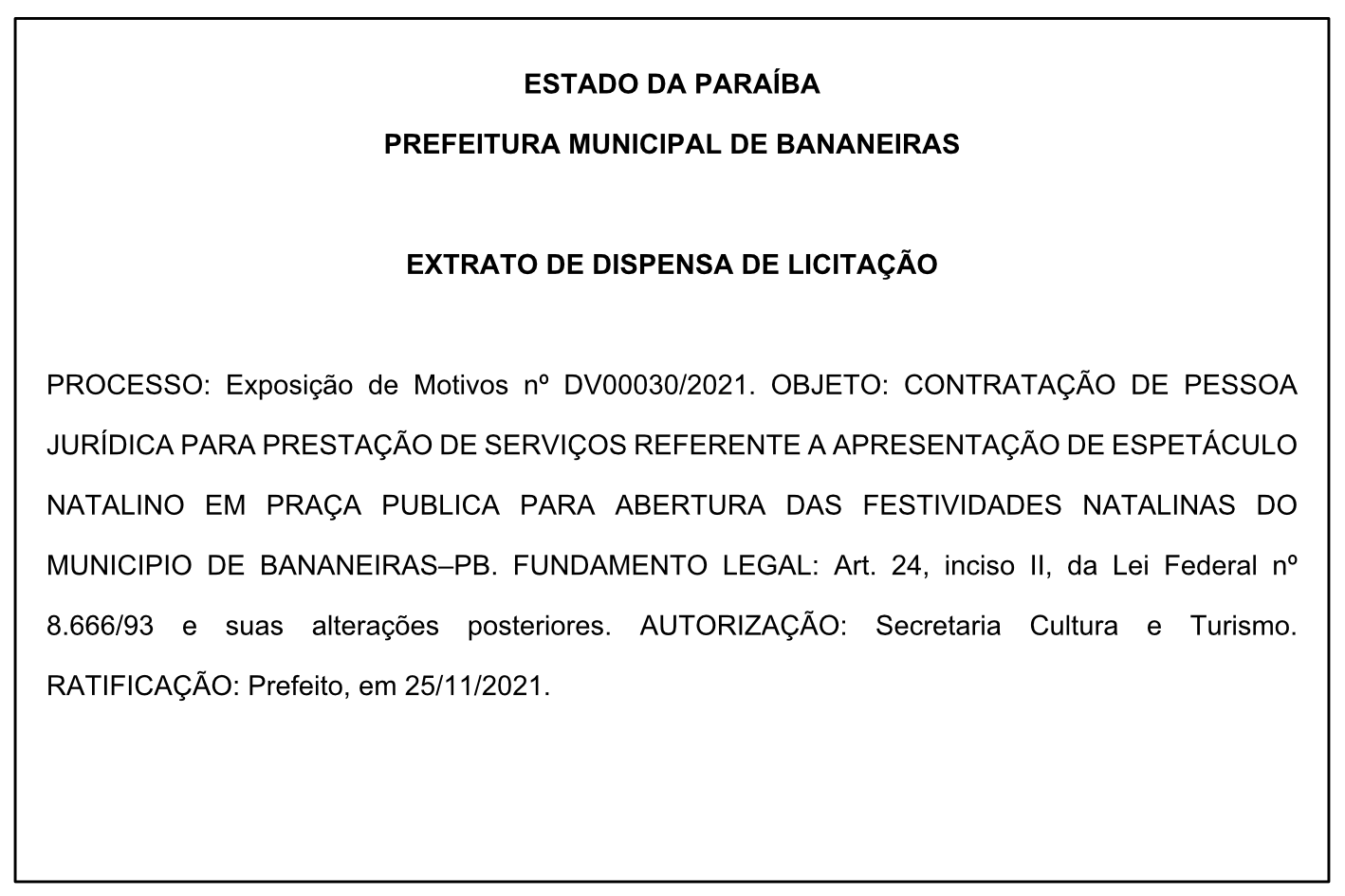 PREFEITURA MUNICIPAL DE BANANEIRAS – EXTRATO DE DISPENSA DE LICITAÇÃO