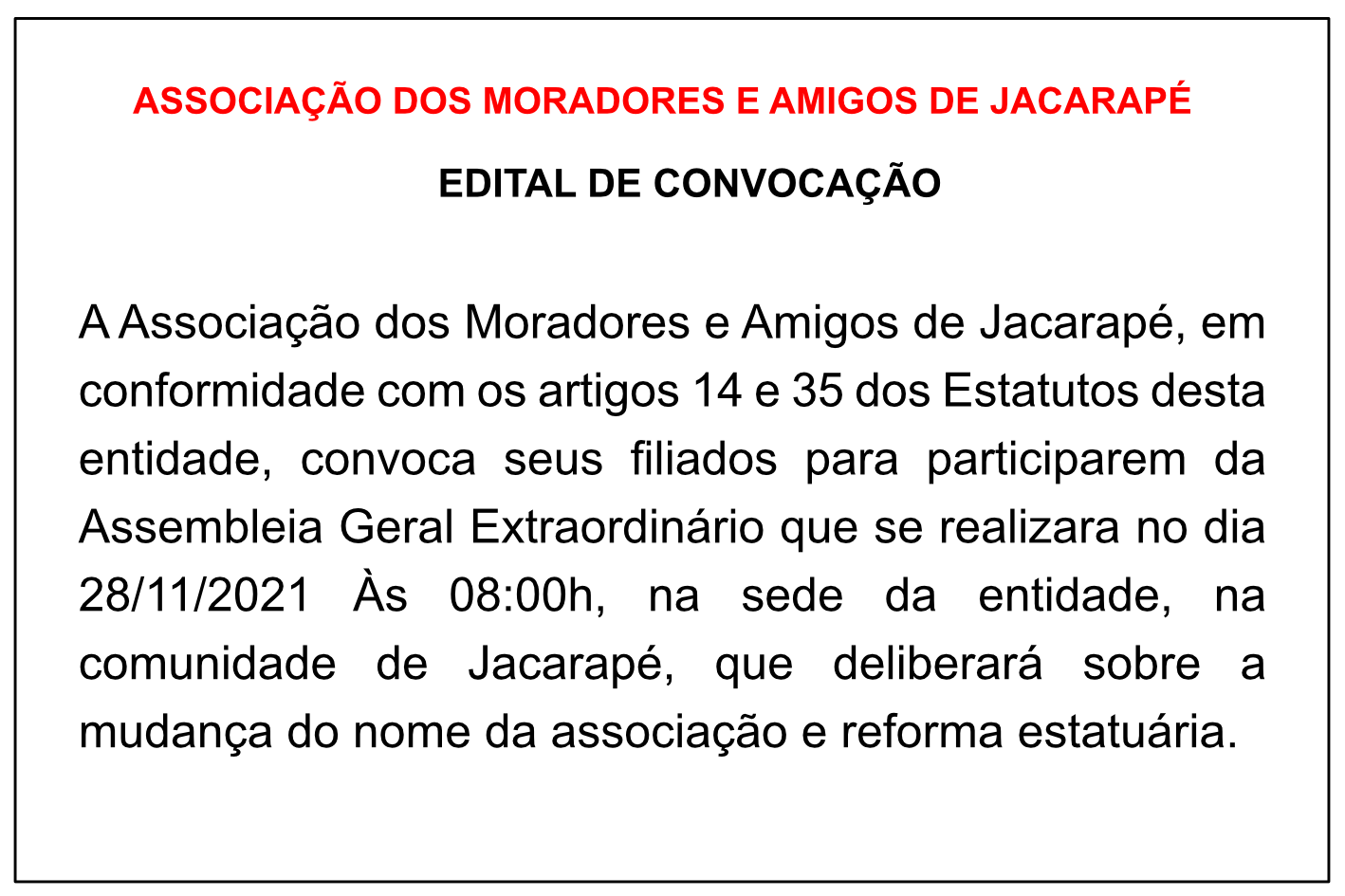 Associação dos Moradores e Amigos de Jacarapé – Edital de Convocação