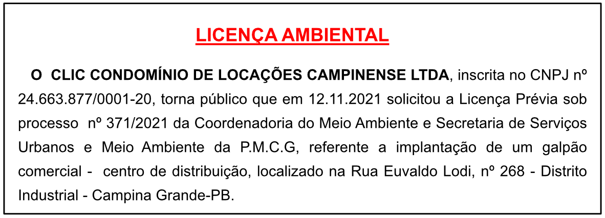 CLIC CONDOMÍNIO DE LOCAÇÕES CAMPINENSE – LICENÇA AMBIENTAL