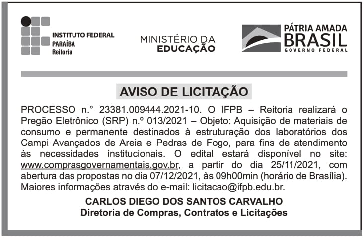 IFPB – PB – JOÃO PESSOA – REITORIA – EDITAL – PREGÃO ELETRÔNICO (SRP) N.º 013/2021
