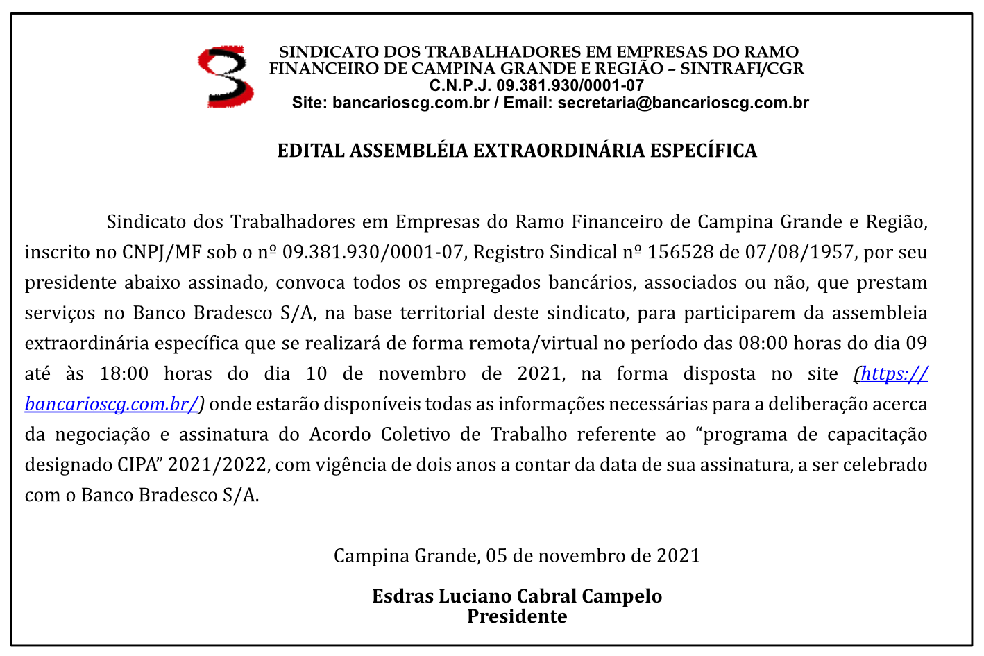 SINTRAFI/CGR – EDITAL ASSEMBLÉIA EXTRAORDINÁRIA ESPECÍFICA
