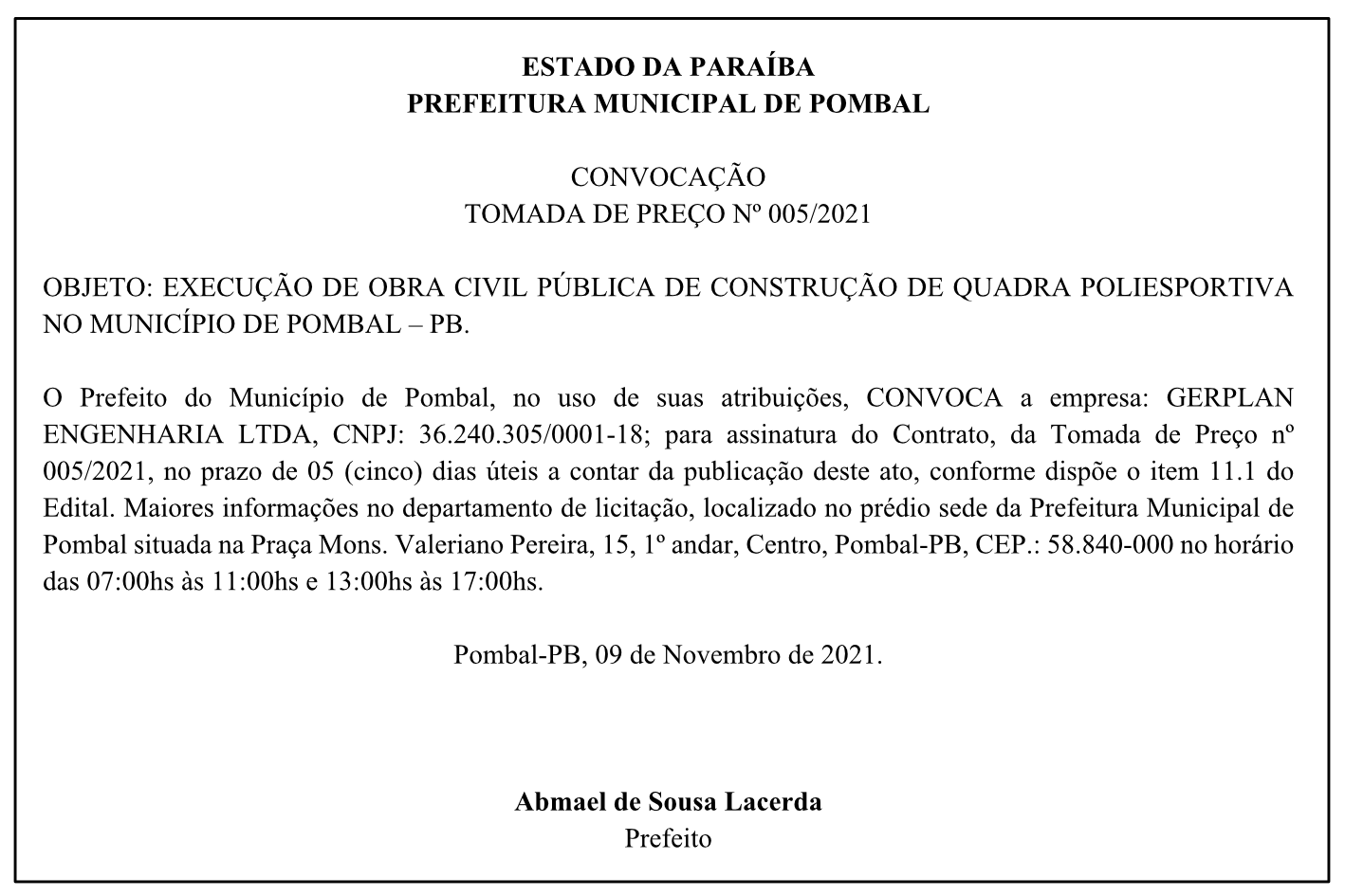 PREFEITURA MUNICIPAL DE POMBAL – CONVOCAÇÃO – TOMADA DE PREÇO Nº 005/2021
