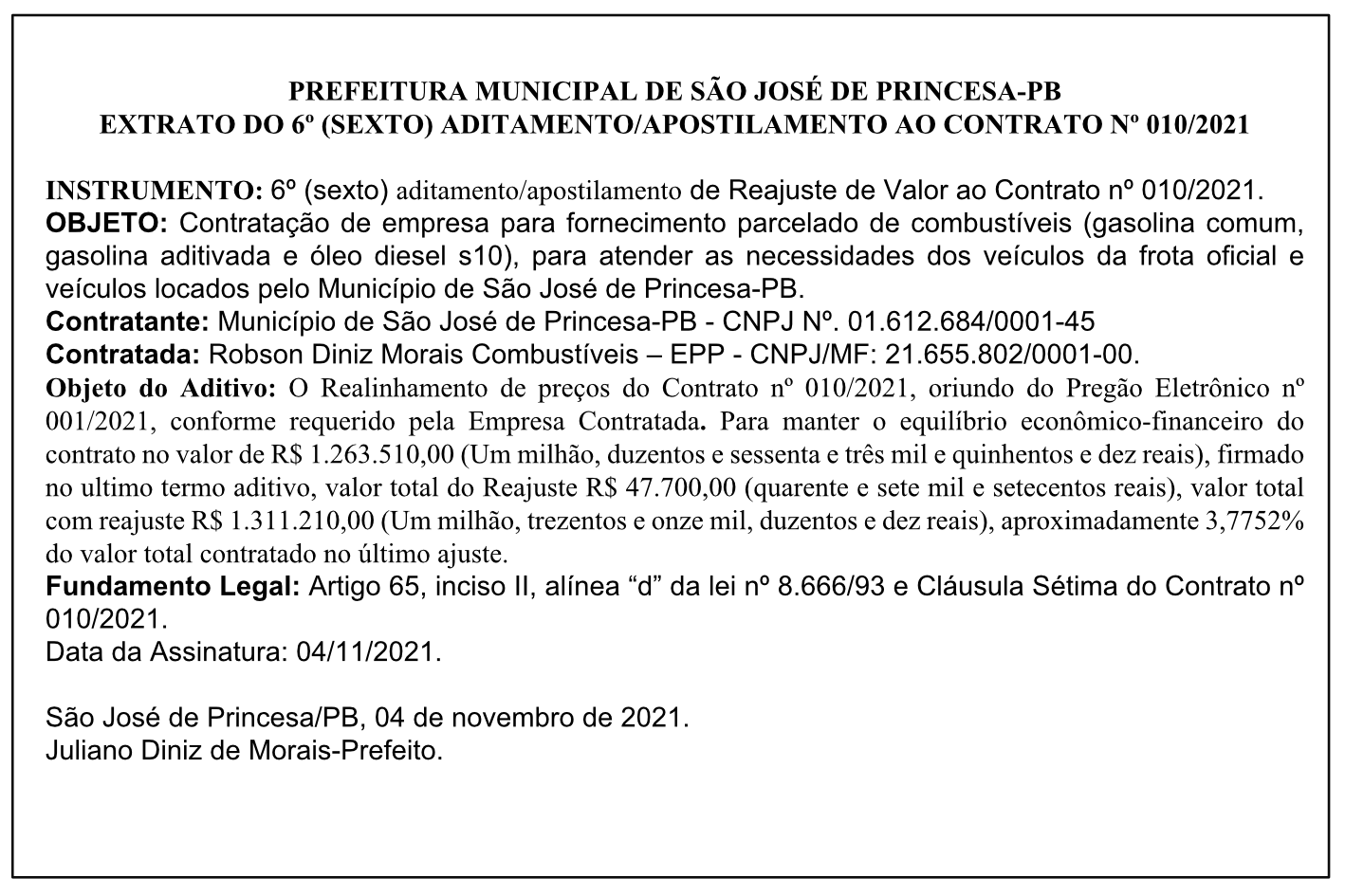 PREFEITURA MUNICIPAL DE SÃO JOSÉ DE PRINCESA-PB – EXTRATO DO 6º (SEXTO) ADITAMENTO/APOSTILAMENTO AO CONTRATO Nº 010/2021