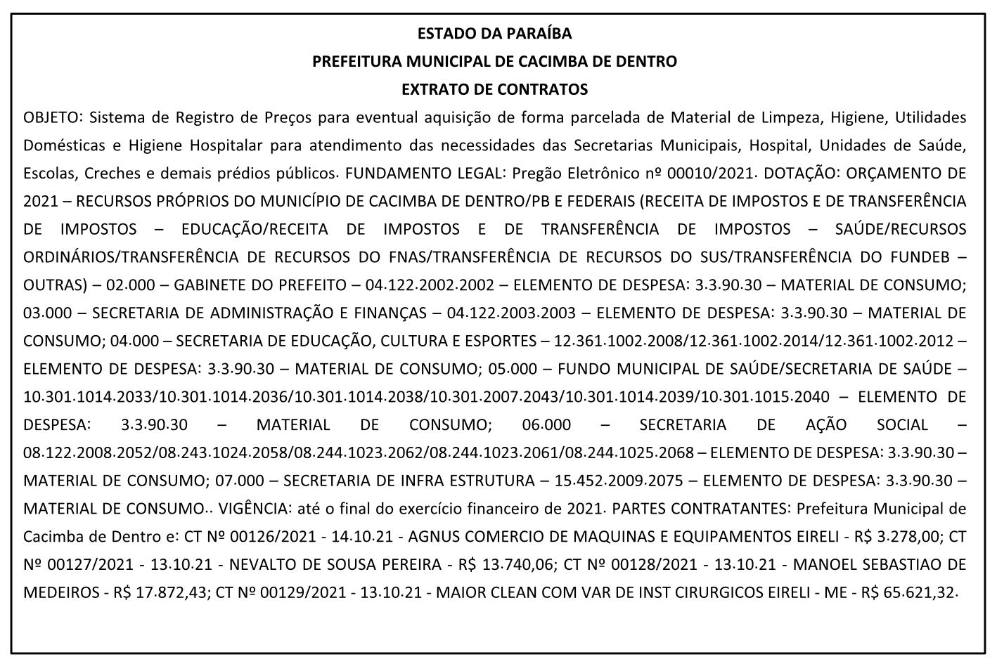 PREFEITURA MUNICIPAL DE CACIMBA DE DENTRO – EXTRATO DE CONTRATOS