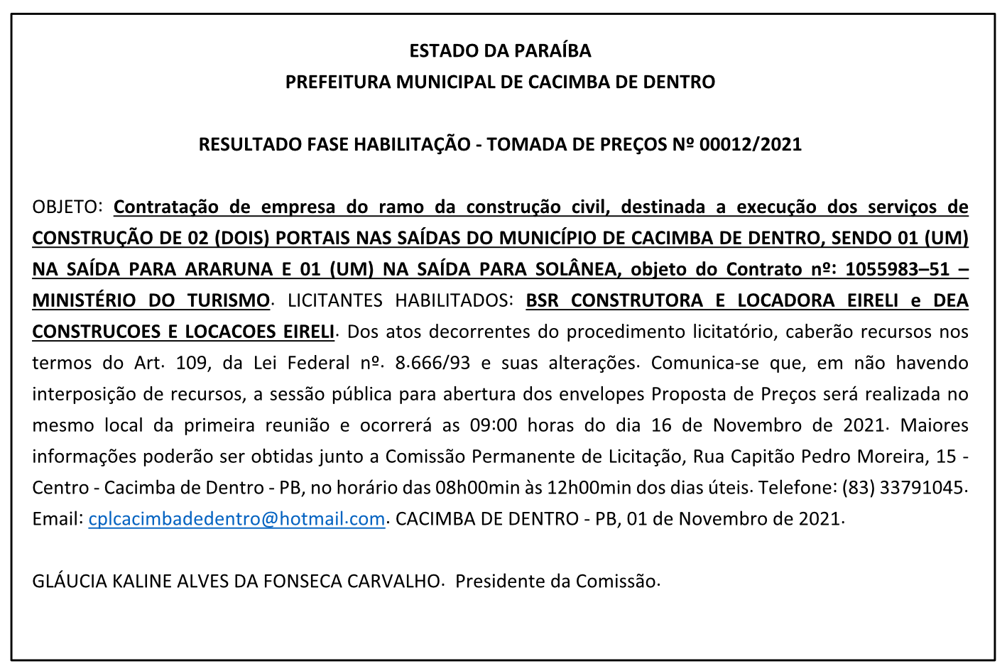 PREFEITURA MUNICIPAL DE CACIMBA DE DENTRO – RESULTADO FASE HABILITAÇÃO – TOMADA DE PREÇOS Nº 00012/2021