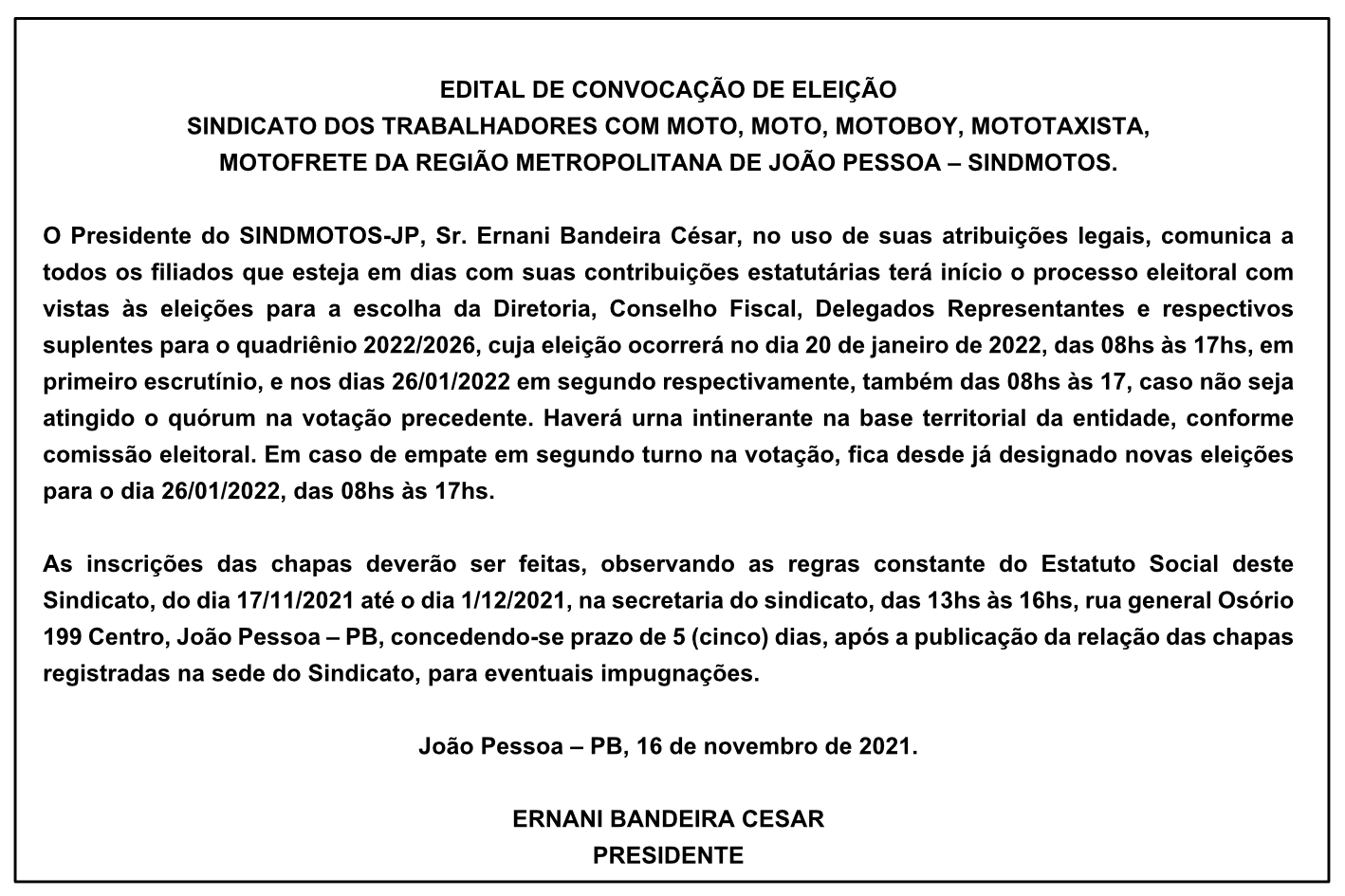 SINDMOTOS – EDITAL DE CONVOCAÇÃO DE ELEIÇÃO