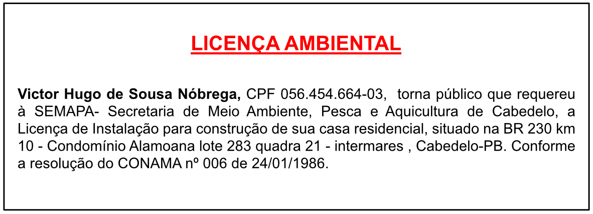 Victor Hugo de Sousa Nóbrega – Licença Ambiental