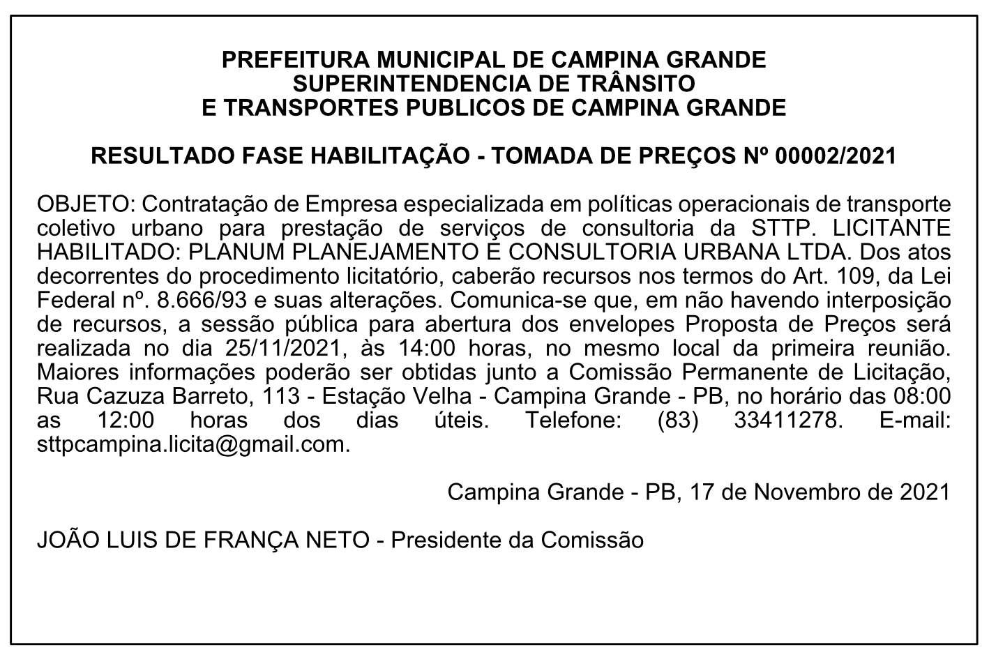 STTP – RESULTADO FASE HABILITAÇÃO – TOMADA DE PREÇOS Nº 00002/2021
