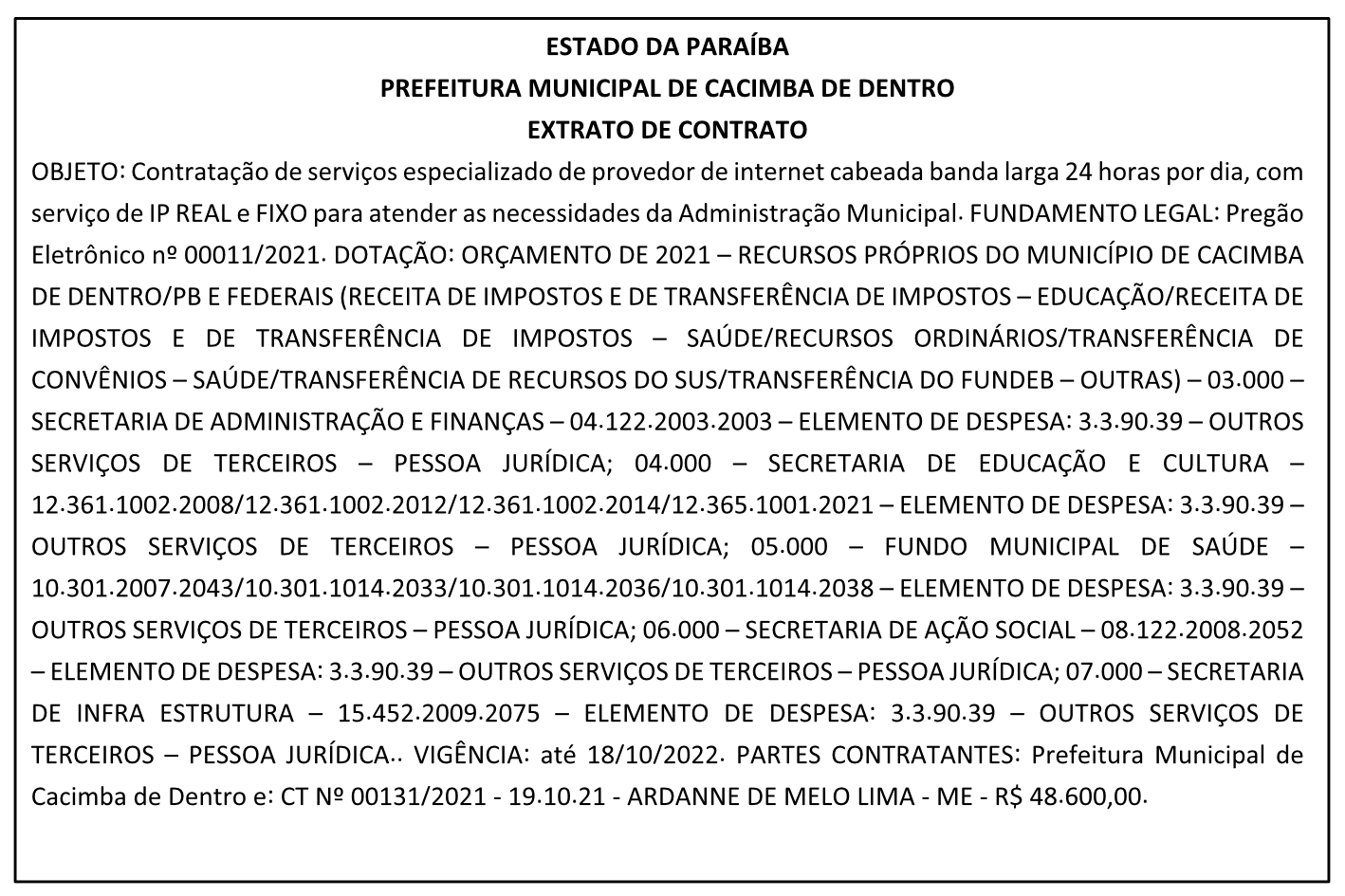 PREFEITURA MUNICIPAL DE CACIMBA DE DENTRO – EXTRATO DE CONTRATO