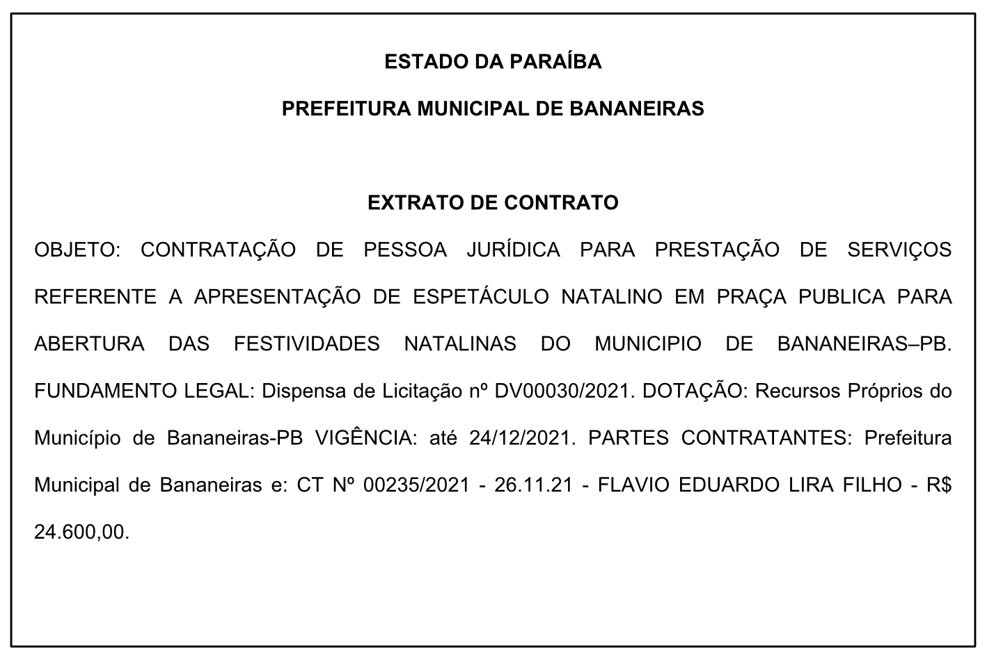 PREFEITURA MUNICIPAL DE BANANEIRAS – EXTRATO DE CONTRATO