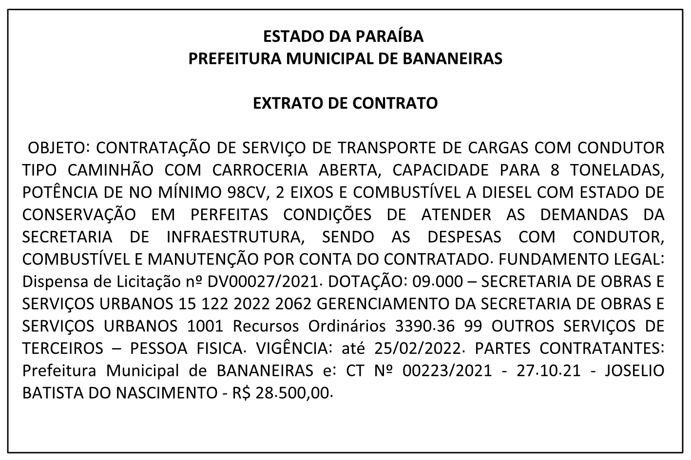 PREFEITURA MUNICIPAL DE BANANEIRAS – EXTRATO DE CONTRATO