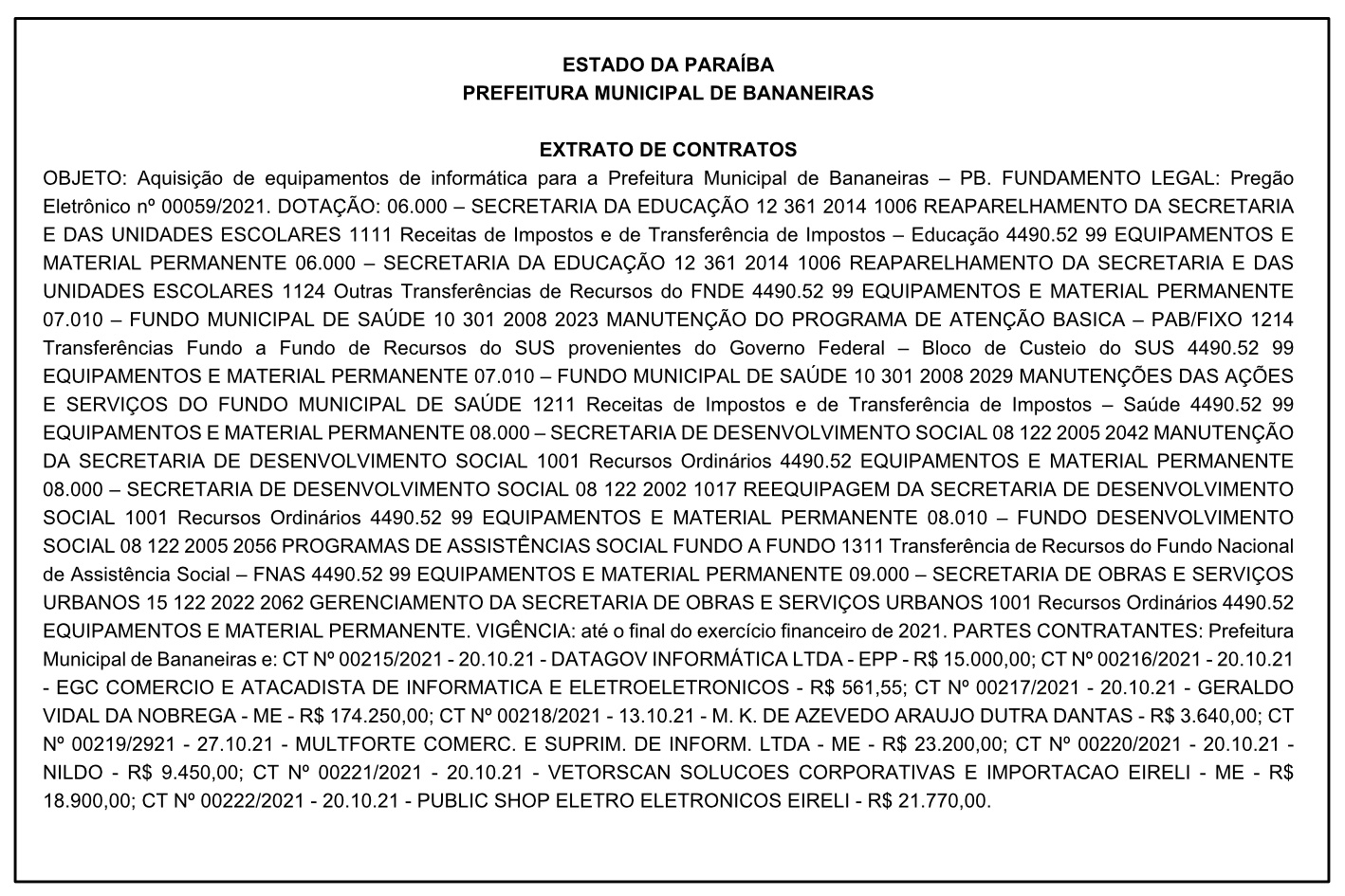 PREFEITURA MUNICIPAL DE BANANEIRAS – EXTRATO DE CONTRATOS