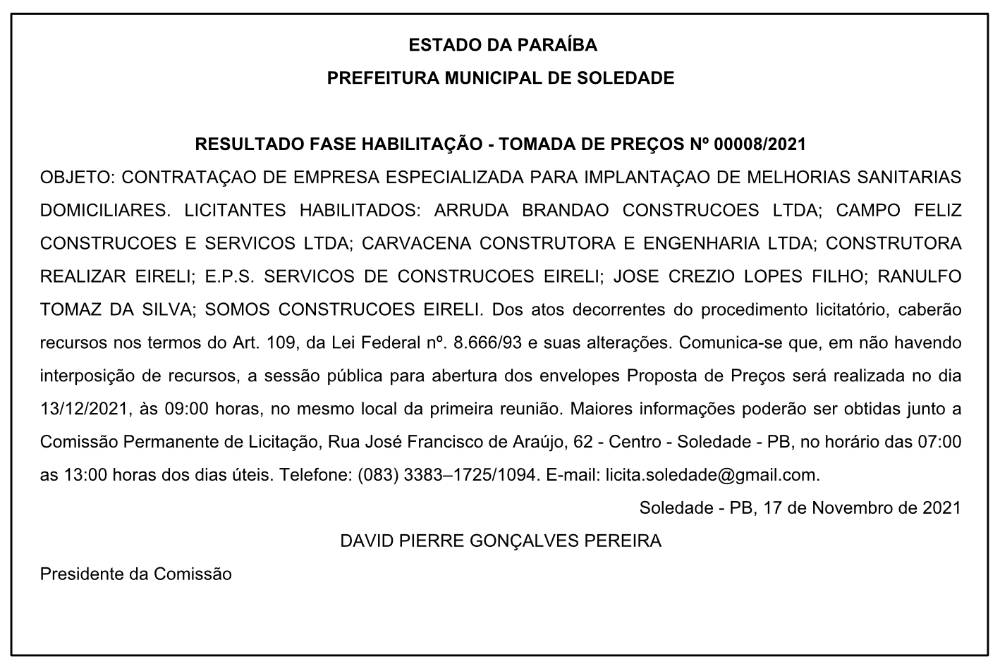 PREFEITURA MUNICIPAL DE SOLEDADE – RESULTADO FASE HABILITAÇÃO – TOMADA DE PREÇOS Nº 00008/2021
